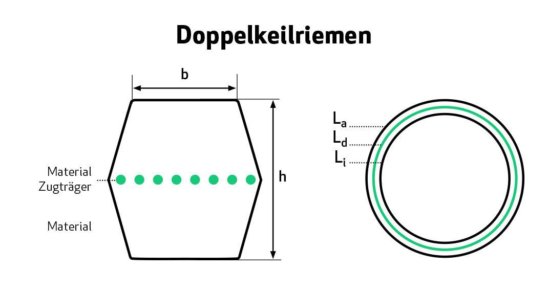 Technische Zeichnung eines Doppelkeilriemens: Die detaillierte Darstellung zeigt zwei parallel verlaufende, keilförmige Riemen, die durch einen gemeinsamen Antrieb verbunden sind. Die Keilriemen sind so konstruiert, dass sie eine effiziente Kraftübertragu